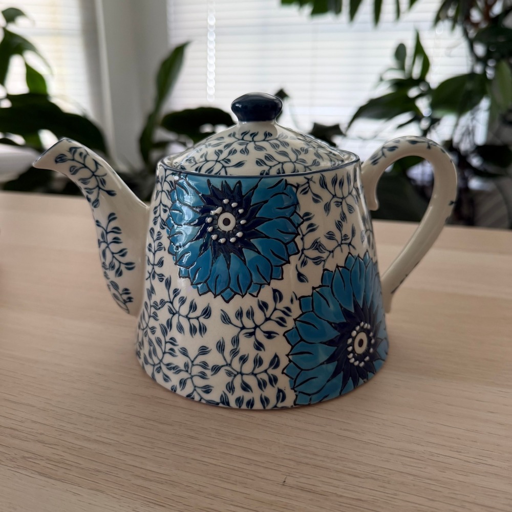 Dutch Wax by Coastline Imports Blue White Floral Handpainted Ceramic Teapot